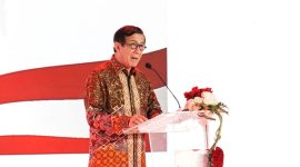 Menteri Hukum dan HAM, Yasonna Laoly saat menyampaikan keynote speech pada pembukaan Temu Bisnis Tahap VI, di JIExpo Jakarta, Kamis (3/8/2023)