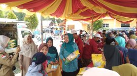 Ketua TP PKK Tanbu, Hj Wahyu Windarti Zairullah Saat Pantau Operasi Pasar di Desa Pandan Sari