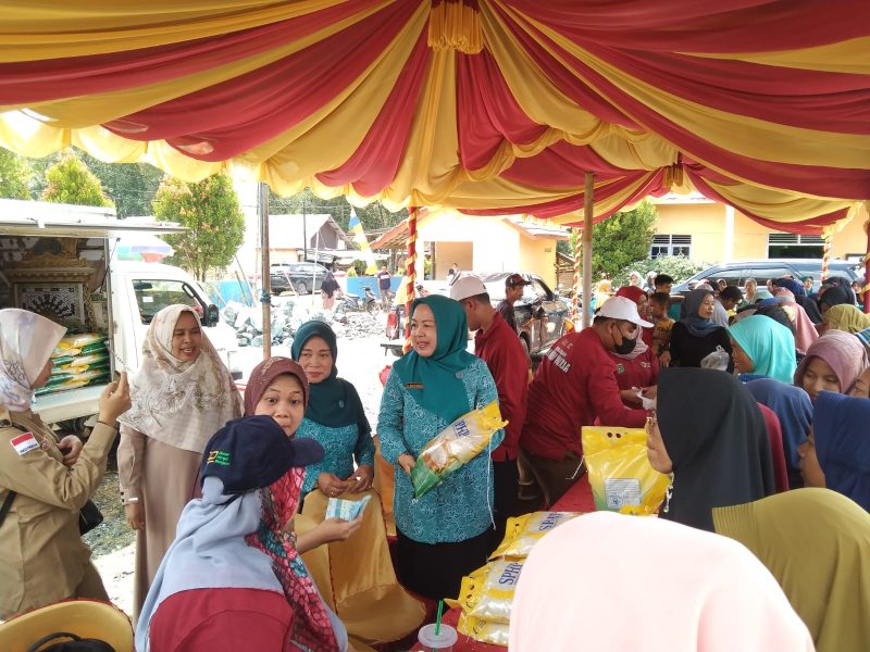 Ketua TP PKK Tanbu, Hj Wahyu Windarti Zairullah Saat Pantau Operasi Pasar di Desa Pandan Sari