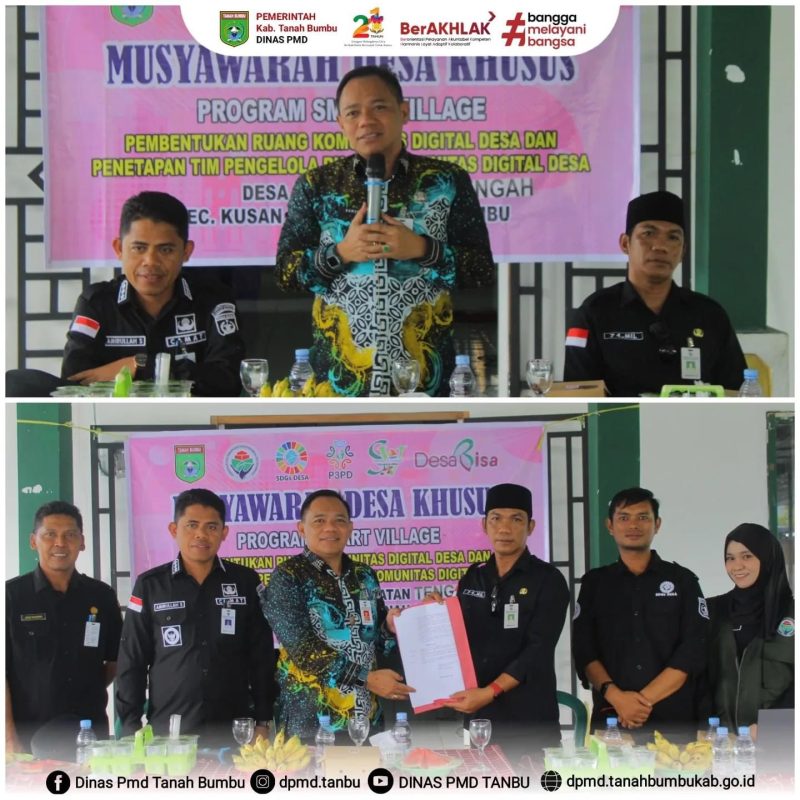 Kepala Dinas PMD menghadiri musyawarah desa khusus program smart village dalam rangka pembentukan ruang komunitas digital Desa dan penetapan tim pengelola ruang komunitas digital Desa yang diselenggarakan di Desa Muara Pagatan